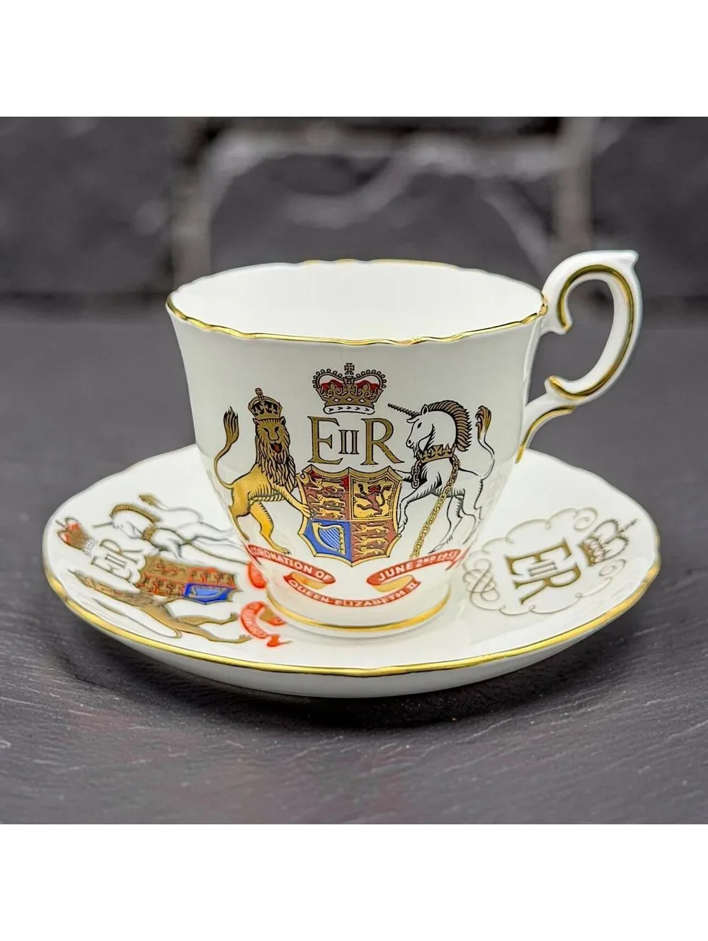 Vtg Crown Staffordshire Queen Elizabeth II Coronation 1953 Cup Saucer Bone China